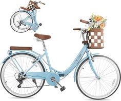 a blue bicycle with basket full of flowers on the front and back wheel, isolated against a white background