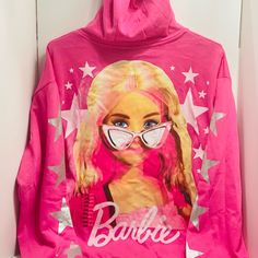 Hot Pink Superstar Barbie Zip Up Hoodie Sweatshirt Trendy Cotton Hoodie With Star Print, Pop Culture Long Sleeve Hoodie With Letter Print, Trendy Hooded Sweatshirt With Star Print, Trendy Fall Hoodie With Star Print, Pop Culture Hooded Cotton Top, Cotton Pop Culture Hooded Top, Trendy Star Print Hoodie Sweatshirt, Trendy Hoodie Sweatshirt With Star Print, Fall Pop Culture Long Sleeve Hoodie