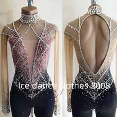 the back of a woman's dance leotard with silver and pink beads on it