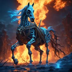 a skeleton horse is running in front of a large fire filled sky with flames behind it