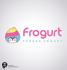 the logo for frozen yogurt has a cartoon character wearing a pink and blue wig