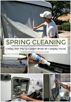 a collage of photos showing how to clean a camper