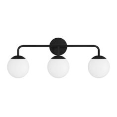 three light black and white bathroom fixture with glass globes on the top, along with an adjustable arm