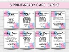 the 8 print - ready care cards are shown in pink, blue and white colors