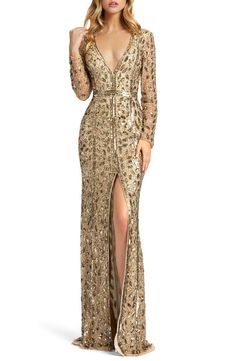 Embellished Long Sleeve Evening Gown | Nordstrom Gold Long Sleeve Dress, Egyptian Party, Neck Bracelet, Beaded Evening Gowns, Sequin Evening Gowns, Long Sleeve Evening Gowns, Gown Style, Designer Evening Gowns, Long Sleeve Evening Dresses