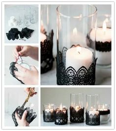 several pictures of candles and laces in glass vases with one candle being lit