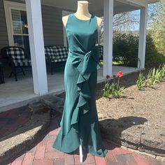 Nwt: Huntergreen Dress With Attached Side Bow And Cascading Ruffle Size: 6 Comes From A Dog Friendly Home. Green Sleeveless Gown With Sweep Train, Sleeveless Green Dresses With Sweep Train, Sleeveless Green Dress With Sweep Train, Green Sleeveless Dress With Sweep Train, Sleeveless Green Gown With Ruffles, Sleeveless Pre-draped Bridesmaid Gown, Green Sleeveless Maxi Dress With Sweep Train, Sleeveless Ruffle Gown For Bridesmaids, Green Ruffled Evening Gown