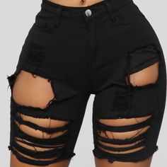 New Black Stretch Shredded Jean Shorts From Fashion Nova. Edgy Black Biker Shorts, Black Ripped Stretch Bottoms, Black Stretch Ripped Bottoms, Edgy Black Short Biker Shorts, Trendy Black Knee-length Jean Shorts, Black Knee-length Shorts For Night Out, Black Cotton Mid-thigh Shorts, Black Mid-thigh Cotton Shorts, Black Mid-thigh Bottoms For Night Out