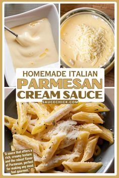 homemade italian parmesan cream sauce in a bowl with pasta and cheese on the side