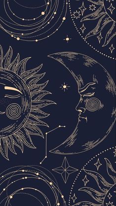 the sun, moon and stars are drawn in gold on a dark blue background with white lines