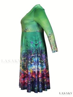 Lasaky - Plus Size Womens Casual Dress: Stylish Floral Print Long Sleeve Round Neck Dress with Medium Stretch Green Printed Stretch Dresses, Green Stretch Printed Dresses, Womens Casual Dress, Plus Size Bohemian, Dress Stylish, Round Neck Dress, Floral Printing, Plus Size Womens, Round Neck Dresses