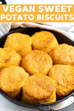 vegan sweet potato biscuits in a cast iron skillet with text overlay that reads, vegan sweet potato biscuits