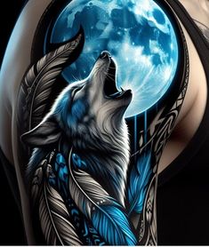 a woman with tattoos on her arm and chest holding a wolf in front of the moon