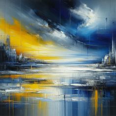 an abstract painting with blue, yellow and white colors in the sky over water on canvas