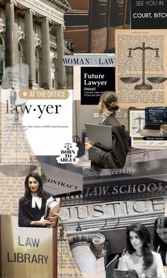 collage of images with women in law offices and the words justice written on them