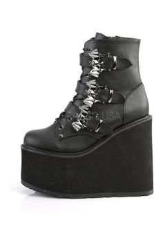 5 1/2"(140mm) Wedge Platform Lace-Up Front Ankle Boot Featuring Triple Bat Buckle Straps, Metal Inside Zipper Closure - Fit Guide: True to Size - Heel Specifications: 5 1/2" Heel - Country of Origin: Imported Wedged Boots, Demonia Boots, Top Clothing Brands, Demonia Shoes, Wedge Ankle Boots, Black Vegan, Platform Ankle Boots, Black Wedges, Platform Wedge