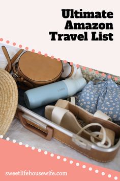 an open suitcase filled with personal items and the words ultimate amazon travel list on it