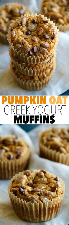 pumpkin oat greek yogurt muffins on parchment paper with text overlay