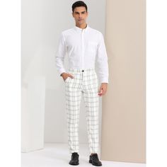 These classic plaid pants feature a regular-fit leg that accentuates your figure. There are a variety of plaid trousers in different colors since fashion is not monotonous. Suitable for work, business, workout, party, date, golf, or at home with family and friends. Plaid pants can be matched with T-shirts, shirts, suits, casual shoes, leather shoes, etc. Suits Casual, Slim Fit Chino Pants, Trousers White, Plaid Trousers, Checked Trousers, Business Pants, Slim Fit Chinos, Mens Plaid, Straight Trousers