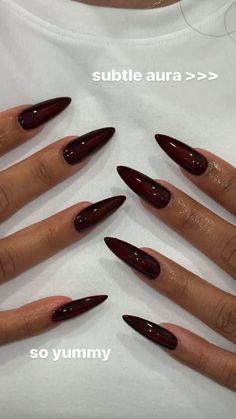 Cute Burgandy Nails, Birthday Nails Dark Colors, Oval Nails Dark, Unique Burgundy Nails, Burgundy Wine Nails, Cat Shape Nails, Gabriette Nails, Dark Red Nail Aesthetic, Long Almond Burgundy Nails