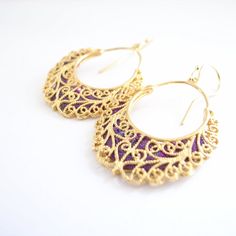 GresianChic FilligreeEarrings UniqueHandmadeJewelry | Etsy Elegant Handmade Festive Hoop Earrings, Gold Fusion Hoop Earrings For Festive Occasions, Purple Earrings With Intricate Design For Gift, Purple Earrings With Intricate Design As Gift, Handmade Gold Plated Hoop Earrings For Wedding, Handmade Gold Plated Wedding Hoop Earrings, Wedding Handmade Gold Plated Hoop Earrings, Gold Hoop Earrings With Intricate Design For Party, Artisan Gold Earrings With Intricate Design