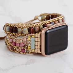 "Colorful Jasper Rhodonite Beaded Apple Watch Strap | Band 38mm 40mm 41mm 42mm 44mm 45mm | Compatible with all Apple Watch Series You will receive: ⭐️1 x Colorful Jasper Rhodonite Beaded Apple Watch Strap ⭐️Returns: Money back guarantee (30 days free returns) ⭐️About Shipping: Your order will be shipped via international Post and it usually takes 7-14 days to arrive iWatch strap is fully customizable  and is perfect for small wrists and big wrists!  🔹 Please message me for customized sizing 🔹 Rainbow jasper is called a \"sustaining stone,\" and thought to be helpful in times of emotional fatigue or stress. Used for its properties to both calm and sooth, it is believed to be beneficial in collecting one's thoughts so as to help one feel more secure and relaxed when making decisions. Rhodo Boho Chic Bracelets, Bohemian Bracelets, Apple Watch Strap, Bracelet Collection, Boho Bracelets, Apple Watch Series, Bohemian Jewelry, Watch Strap, Watch Bands