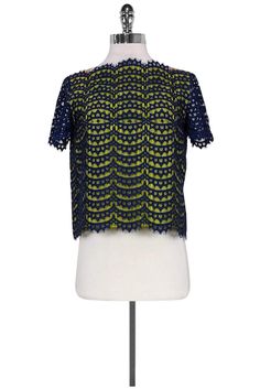 Current Boutique-Carven - Navy, Neon Green & Tan Top Sz 4 Spring Fitted Lace Top With Contrast Lace, Fitted Spring Lace Top With Contrast Lace, Contrast Lace Tops For Summer Night Out, Contrast Lace Tops For Night Out In Summer, Spring Party Lace Top With Contrast Lace, Scalloped Lace Fitted Top For Night Out, Fitted Scalloped Lace Top For Night Out, Spring Party Tops With Scalloped Lace, Lace Tops For Summer Workwear