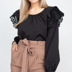 Good Quality Fabric The Fabric Has A Nice Stretch To It Embroidered Mesh Lace On The Sleeves Layered Ruffles On The Sleeves Back Key Hole Buttoned Cuffs Small- Bust: 22 1/2 In. Length: 21 In. Sleeve: 24 In. Hem: 23 In. Medium- Bust: 23 1/2 In. Length: 22 In.Sleeve: 24 In. Hem: 24 In. Large- Bust: 24 In. Length: 23 In. Sleeve: 26 In. Hem: 25 In. Black Tops With Lace Cuffs For Spring, Spring Workwear Blouse With Lace Sleeves, Spring Workwear Tops With Lace Sleeves, Spring Tops With Lace Sleeves For Work, Spring Stretch Tops With Lace Cuffs, Puff Sleeve Tops With Lace Trim For Workwear, Chic Tops With Lace Cuffs For Spring, Fall Puff Sleeve Blouse With Lace Sleeves, Fall Workwear Blouse With Lace Cuffs