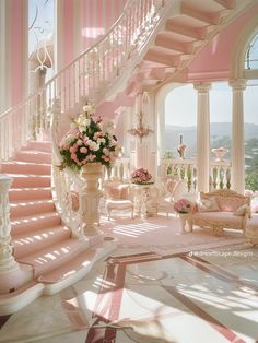 a pink and white staircase with flowers in the center next to couches, chandeliers and chairs