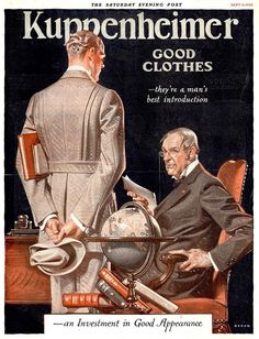 an advertisement for kuppenhemer clothes shows two men in suits sitting at a desk