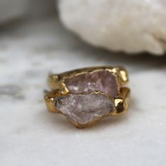 Raw morganite dipped in 18k gold. These earrings measure 1/2" Nature is a strong force flowing through our jewelry. We let the raw gemstones do the talking.  Each unique stone determines the shape and style each design will take on. In return, we achieve an organic and luxe feel. All of our jewelry is one of a kind. ::The process of gold dipping:: Handpicked stones are arranged and set in copper. A generous layer of 18k gold is then applied.  ♥ Thank you for shopping Cocolina ♥ Pink Gold Small Hoop Jewelry As Gift, Pink Gold Small Hoop Jewelry For Gift, Gold Gemstone Jewelry With Rose Quartz, Dainty Gold Hoop Earrings With Gemstone, Dainty Rose Quartz Gold Jewelry, Gold Morganite Jewelry Gift, Gold Morganite Rings Perfect As Gifts, Gold Gemstone Hoop Earrings For Wedding, Hammered Huggie Jewelry Gift