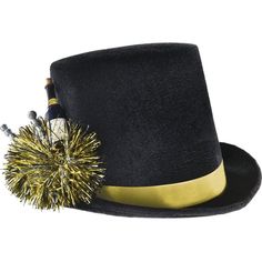 You'll be the classiest guest at the New Year's Eve party sporting this black velvet top hat adorned with a mini champagne bottle silver accents gold tinsel and wrapped with a gold satin ribbon. Cheers! pbChampagne Bottle Fabric Top Hat product details:-b-p ul li10in wide x 6.25in tall-li liFabric plastic and tinsel-li liOne size fits most teens and adults-li -ul Gold Champagne Bottle, New Years Hat, Gold Hat, Mini Champagne Bottles, Black Velvet Top, Fancy Dress Up, Gold Hats, Mini Champagne, New Year's Eve Party