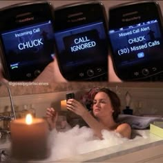 a woman in a bathtub with three cell phones above her head