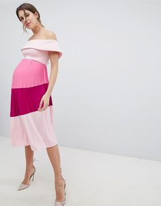 ASOS DESIGN Maternity scuba bardot color block pleated midi dress | ASOS Chic Pink Maternity Dress, Maternity Dresses For Wedding Guest, Wedding Guest Dress Pregnant Summer, Maternity Wedding Guest Outfit, Maternity Party Outfit, Pink Off-shoulder Maternity Dress, Asos Maternity Dress, Maternity Dress Wedding Guest, Fitted Maternity Dress For Summer, Bump Friendly