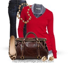 Winter Outfit #4 by uniqueimage, via Polyvore Denim Flats, Leopard Flats, Fashion Now, Red Sweater, Winter Mode, Red Top