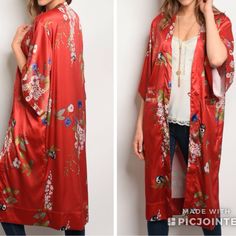 Red Floral Satin Kimono! 3/4 Flutter Sleeve Open Front Satin Floral Kimono. One Button Closure And Two Front Pocket's! Fabric Content: 65% Cotton 35% Polyester! B#52 Elegant Red Kimono For Spring, Elegant Red Spring Kimono, Red Long Sleeve Kimono For Spring, Red Kimono Sleeve Outerwear For Spring, Red Outerwear With Kimono Sleeves For Spring, Elegant Red Kimono For Summer, Elegant Red Summer Kimono, Red Long Sleeve Kimono With Floral Print, Red Floral Print Long Sleeve Kimono