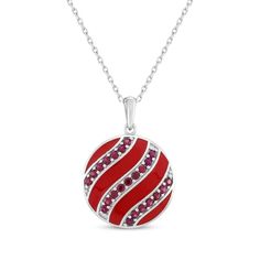 Get in the holly jolly mood with this cheery Christmas ornament necklace, the perfect stocking stuffer. Sterling silver Curved rows of round-cut lab-created rubies alternate with red enamel stripes 18-inch cable chain with lobster clasp Ornament Necklace, Perfect Stocking Stuffers, Accessories Jewelry Necklace, Holly Jolly, Necklace Sterling Silver, Ruby Red, Stocking Stuffer, Cable Chain, Stocking Stuffers