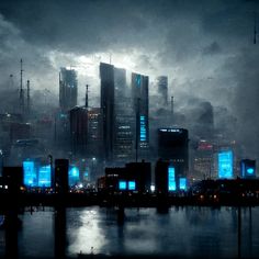 the city is lit up at night with bright blue lights on it's skyscrapers