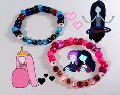 three different bracelets with cartoon characters on them