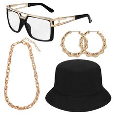 PRICES MAY VARY. 【Hip Hop Costume Set】Our hip hop costume kit package with 1 piece DJ rapper glasses, 1 Piece black bucket hat, 1 piece faux gold chain, 1 piece hip-hop hoop earrings, funny costume set for your 80s, 90s dress up, you'll be eye-catching one in 80s or 90s theme parties. A smooth and shiny appearance attracts the attention of any occasion. Definitely fits the theme of birthdays, the 80s, 90s themed parties, festivals, Halloween party or other parties, makes you look attractive and 90s Hip Hop Costume, Rapper Sunglasses, Women's 90s Outfits, Rapper Costume, Outfits Punk, Hip Hop Accessories, Hip Hop Costumes, Hip Hop Chains, Fall Fashion Skirts