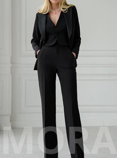 Three-piece pantsuit for women: straight leg pants with high rise, buttoned vest and lined blazer with satin lapel collar Please note suit measurements  Pants length inseam is 35.4 inches or 90 cm Pants length from waist 44 inches or 112 cm Sleeve length 24.4 inches or 62 cm Blazer length along the back 25 1/2 inches or 65 cm Vest length along the back 17.7 inches or 45 cm Our Women's Blazer Trouser Suit for office, business meetings, formal events and special occasions. Always trendy, classic a Black Spring Office Suit, Black Notch Lapel Pantsuit For Office, Semi-formal Fall Pantsuit With High-waisted Pants, Black Collared Pantsuit For Office Wear, Semi-formal High-waisted Fall Pantsuit, Spring Tuxedo Style Pantsuit For Work, Workwear Pantsuit With Pockets And Suit Collar, Spring Tuxedo Pantsuit For Work, Black Single Breasted Tuxedo Pantsuit