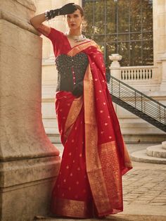 Make a statement with this beautiful red saree, crafted from silk material with exquisite zari weaving work. The saree comes with a matching blouse, also made from the same silk material with zari weaving work. With a length of 5.50 meters, the saree provides ample material to create a stunning drape. The blouse is unstitched, allowing you to customize it according to your preferences.
A saree is a traditional Indian attire that adds grace and elegance to any occasion. Whether it's a wedding, fe Wedding Wear Saree, Grey Saree, Handloom Fabric, Latest Designer Sarees, Silk Saree Blouse, Red Saree, Wear Saree, Silk Wedding, Blouse Material