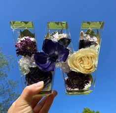 two clear vases with flowers in them are held up by someone's hand