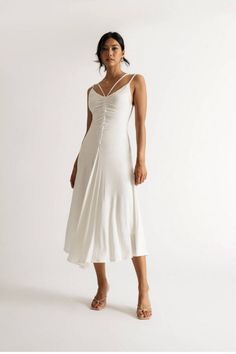 Calliope White Center Ruched Midi Dress https://www.tobi.com/product/79247-tobi-calliope-center-ruched-midi-dress?color_id=112945&utm_source=pinterest&utm_medium=social&utm_campaign={campaignid}_{adgroupid}_{product_id} Ruched Midi Dress, White Midi Dress, Luxury Fabrics, Formal Dress, Formal Event, Soft Fabrics, Spaghetti Strap, Special Occasion, Spaghetti