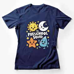 Kids Preschool Squad T-Shirt, Cute Sun Moon Star Water Drop Tee, Toddler Graphic Shirt, Children Learning Tops Female T-Shirt Custom graphic T-Shirt.Customize your color Cute Blue T-shirt For End Of School Year, School Spirit Crew Neck T-shirt With Character Print, School Spirit T-shirt With Character Print, Blue Graphic Tee With Star Print, Cute Short Sleeve T-shirt With Star Print, Blue Star Print Graphic Tee, Cheap Short Sleeve T-shirt With Star Logo, Star Shirt Kids, Space-themed Short Sleeve T-shirt With Screen Print