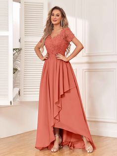 #color_Terracotta Rust Red Sweetheart High Low Tiered Formal Dress, Floor-length Bridesmaid Dress With Lace Trim, Elegant Floor-length Peach Dress, Red Floor-length Chiffon Dress For Formal Occasions, Elegant Peach Floor-length Maxi Dress, Party Silhouette, Satin Hoco Dress, Lace Chiffon Bridesmaid Dress, Short Sleeves Dress