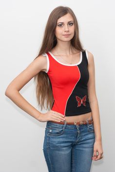 Cotton embroidered sport top One size XS only Total sale Cotton Tank Top For Streetwear, Basic Cotton Sports Crop Top, Basic Cotton Crop Top For Sports, Summer Sports Cotton Crop Top, Casual Butterfly Print Tops For Streetwear, Cotton Top With Butterfly Print For Streetwear, Red Tank Top For Streetwear, Spring Sports Cotton Tops, Sporty Cotton Crop Top Tank