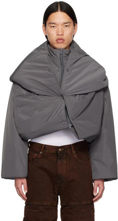 Insulated polyester taffeta jacket. Integrated extended hood-style overlay for alternate styling. Press-stud fastenings throughout. · Layered construction · Stand collar · Two-way zip closure · Logo bonded at front · Welt pockets · Concealed bungee-style drawstring at cropped hem · Welt pocket at interior · Full taffeta lining Supplier color: Stone gray Transformation Garment, Gray Jacket Outfit, Grey Jacket Outfit, Fashion Transformation, Hood Style, Taffeta Jacket, Grey Denim Jacket, Layered Hoodie, Dewalt Tools