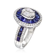 Ross-Simons - 1.80ct t. w. Sapphire, .58ct t. w. Diamond Oval Cluster Ring Size 7. An assured classic among your repertoire, this stunning oval ring features bold stripes of 1.80 ct. t. w. tapered baguette sapphires accentuated by shimmery a .30 ct. t. w. round brilliant-cut diamond halo and borders, with a .28 ct. t. w. marquise and princess-cut diamond cluster that gives the look of 1.00 ct. t. w. to finish. Set in polished 18kt white gold. 5/8" wide. Diamond and sapphire oval cluster ring. Sa Modern Gia Certified Oval Rings, Modern Oval Gia Certified Rings, Sapphire Birthstone, Oval Ring, Oval Rings, Bold Stripes, Princess Cut Diamonds, Diamond Halo, Diamond Cluster