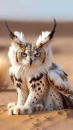 an owl sitting on top of another owl in the desert